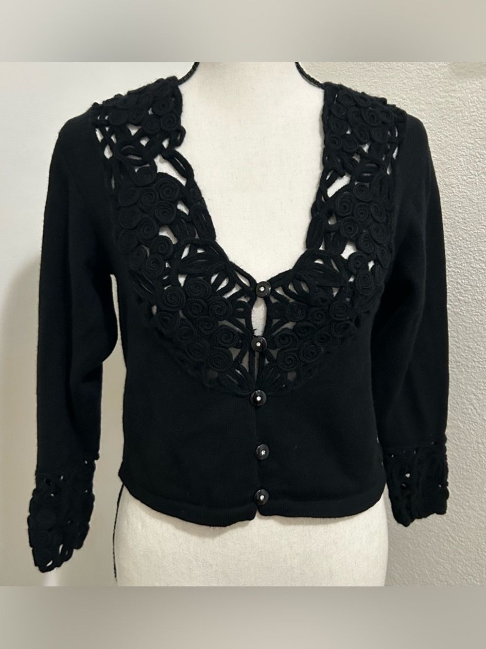 Rare Vintage 100% Wool Soutache Braid Cardigan Bespoke Style Black Knit S